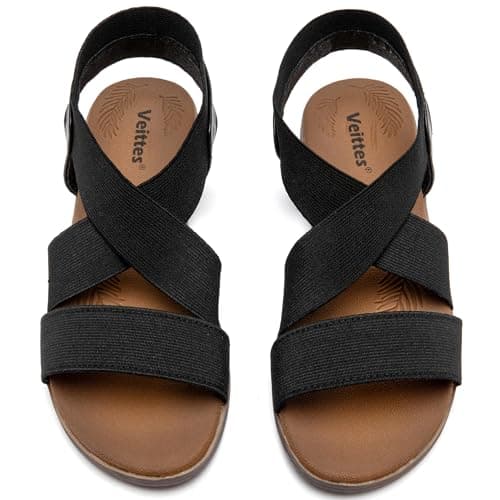 Image of Veittes Women's Flat Slide Sandals - Fashionable Elastic Ankle Strap, Comfort Soft Sole Summer Casual Sandals.(BK/MF,Size 5)