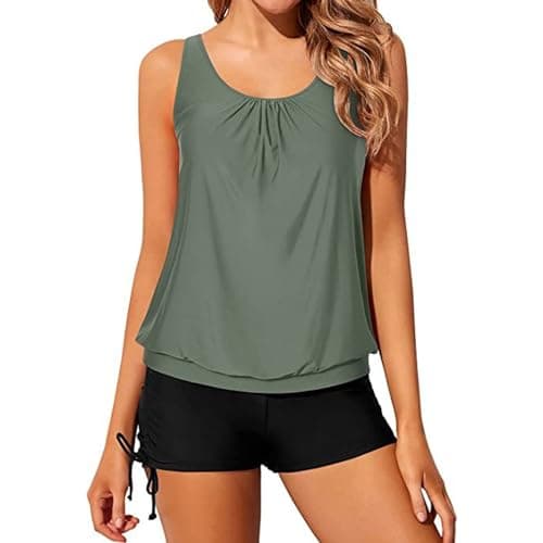 Image of 2 Piece Tankini Sets for Women UK, Athletic Swimming Costume with Sports Bra, Tummy Control Swimsuit with Shorts (UK, Alpha, XL, Regular, Regular, Green)