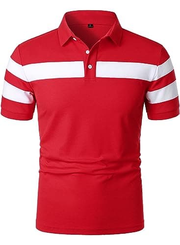 Image of HOOD CREW Men’s Short Sleeve Polo Shirt Striped Casual Tops Contrasting Colors T-Shirt Red