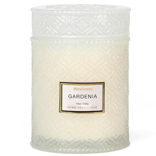 Image of Gardenia Candle - White Floral Fragrance | 19 oz Large Soy Wax Candle in Embossed Glass Jar | Long Lasting Decorative Candle for Home Decor Gift for Women