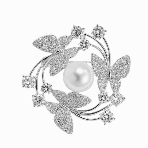 Image of Clataly Butterfly Wreath Brooch Anti Glare Pearl Pins Crystal Covered Scarves Shawl Clip Brooches (Silver)