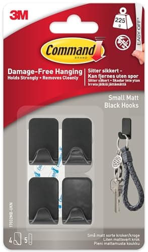Image of Command Small Metallic Hook, Black, 4 Hooks, 5 Adhesive Strips - Indoor use - Damage Free Hanging