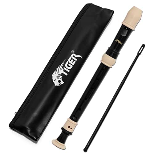 Image of Tiger REC4-BK Soprano Descant Recorder - Three-Piece School & Beginners Recorder with Bag, Cleaning Rod and English Baroque Fingering - Black and Ivory