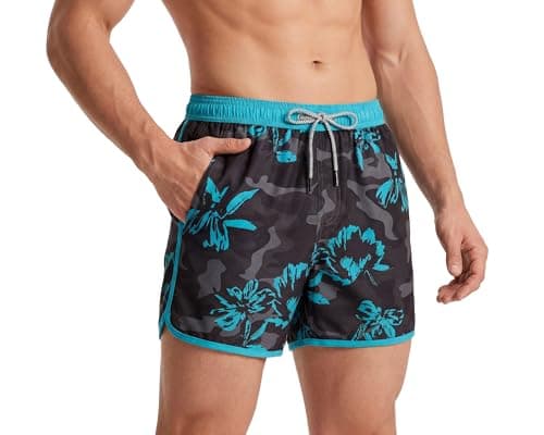 Image of MaaMgic Mens 5" Short 70s 80s 90s Vintage Swim Trunks Quick Dry Bathing Suits Swimming Shorts Swimsuits Board Shorts,New Black Grey Camo Flower 4.5,L