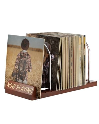 Image of BS-VOG Now Playing Vinyl Record Stand, 50 LP Vinyl Record Storage with Non-slip Grooves, Wood Now Spinning Vinyls Record Holder for Albums Rack Organizer Record Display, Gift Package