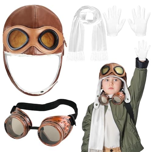 Image of Bryndo 4 Pcs Airline Pilot Costume Set for Kids, Pilot Hat Steampunk Goggles Fancy Dress Set with White Scarf Gloves Kids Aviator Costuem Accessories for Party Dress Up