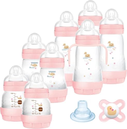 Image of MAM Easy Start Anti-Colic Bottle Set, 8 Bottles in 130 ml, 160 ml and 260 ml Sizes, 1 x Start Nanò Dummy, 4 x Sealing Disks, 1 x Extra Soft Spout and Handles, 730 g, Pink