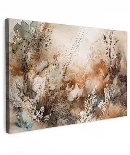 Image of MuchoWow© Canvas Wall Art 24"x16" / 60x40 cm Decor Paintings Prints framed on Canvas Decorations Wallart Abstract - Beige - Paint - Art - Nature - Flowers