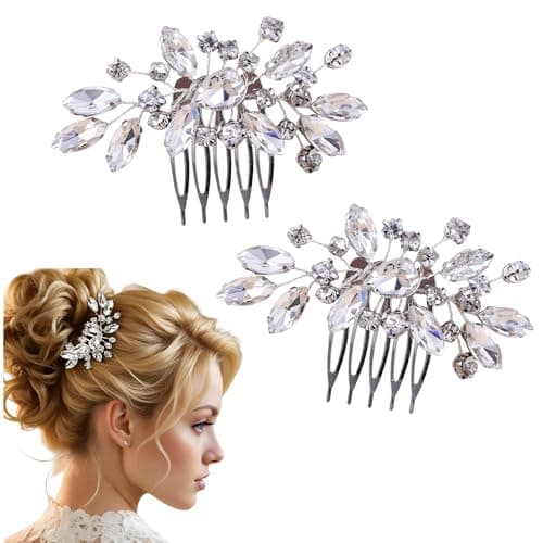 Image of 2 PCS Silver Rhinestone Bridal Hair Combs – Sparkling Diamante Wedding Hair Clips for Women – Alloy Crystal Hair Accessories for Brides & Bridesmaids, Elegant Hair Slides for Parties & Proms