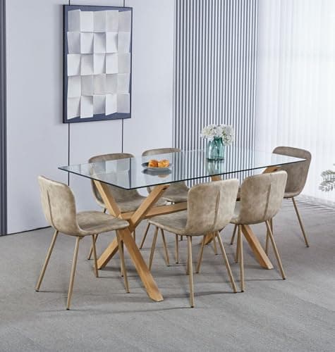 Image of Hallowood Furniture Cullompton Glass Dining Table and Chairs Set 6, Large Rectangular Glass Table with Chairs in Taupe Faux Leather Effect Upholstery, Dining Room Sets for Home or Cafe