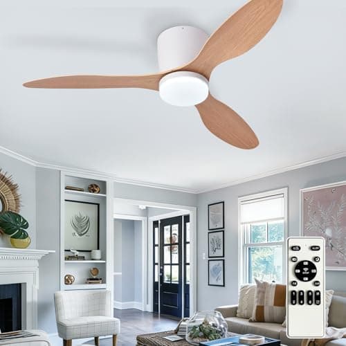 Image of Depuley Flush Mount Ceiling Fan: 42-Inch White Ceiling Fans with Lights for Indoor Outdoor - Low Profile Ceiling Fans with Remote Control 24W 3CCT Dimmable 3 Reversible Wood Blades 6 Speeds