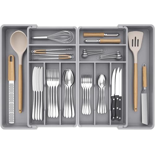Image of Lifewit Extra Large Cutlery Drawer Organsier, Extendable Utensil Tray for Kitchen, Silverware and Flatware Holder, Compact Plastic Storage for Spoons Forks Knives, 46-70x42cm, 12 Sections, Grey