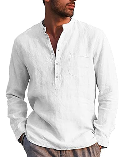 Image of LVCBL Men's Henley Shirt Cotton Blend Love Sleeve Summer Grandad Collar Casual Beach White L