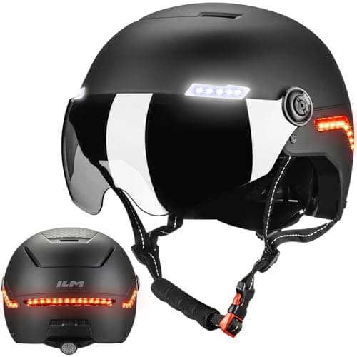 Image of ILM Smart Bike Helmet Men Women Automatic G-Sensor Turn Signal & Brake Warning Cycle Helmets with Visor Front Side Rear LED Lights Road Cycling Model MB101L,Matte Black,L/XL