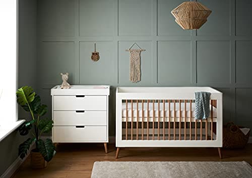 Image of Obaby Maya 2 Piece Room Set – White with Natural – Cot Bed & Changing Unit Nursery Furniture Set