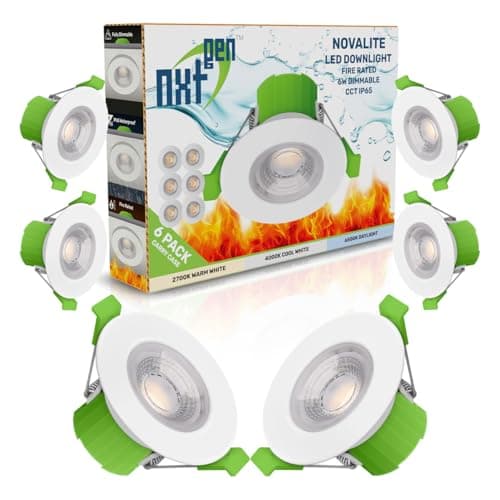 Image of nxt gen NovaLite 6-Pack 6W Fire Rated LED Downlights | Tri-Colour CCT | IP65 Dimmable Ceiling Spotlights | White | 30/60/90 min Fire Rated | Bathroom & Kitchen Lighting