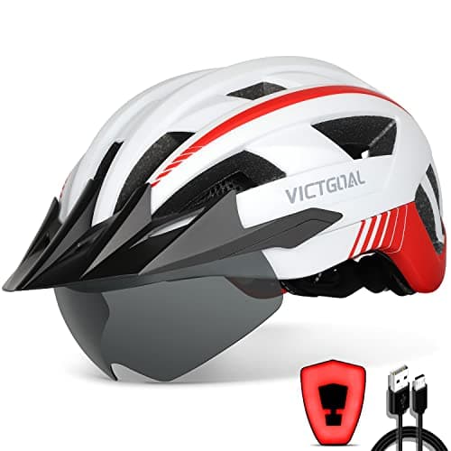 Image of Victgoal Bike Helmet with USB Rechargeable LED Light Removable Magnetic Goggles Visor Breathable MTB Mountain Bicycle Helmet for Unisex Men Women Adjustable Cycle Helmets (XL: 59-63 cm, White)