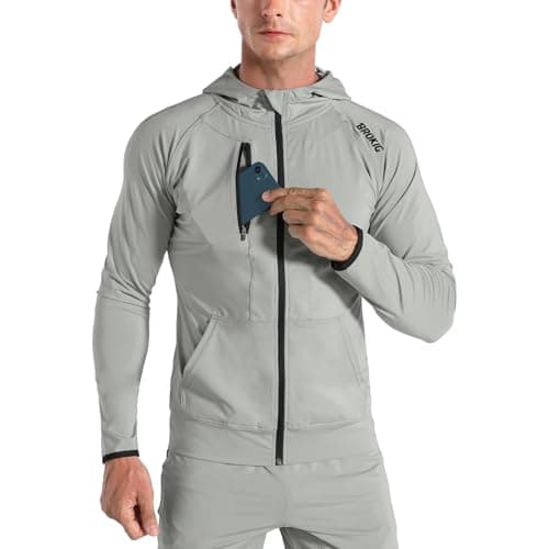 Image of BROKIG Mens Zip Hoodies, Lightweight Running Gym Jacket Training Tracksuit Sports Tops with Pockets (Light Grey, Large)