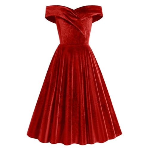 Image of Women Vintage Velvet Banquet Dinner Dress 50s Autumn Winter V-Neck A-line Dress 80s Fancy Dress Pleated Swing Party Dresses Bandeau Evening Dress Ladies Elegant Wedding Guest Gown Red