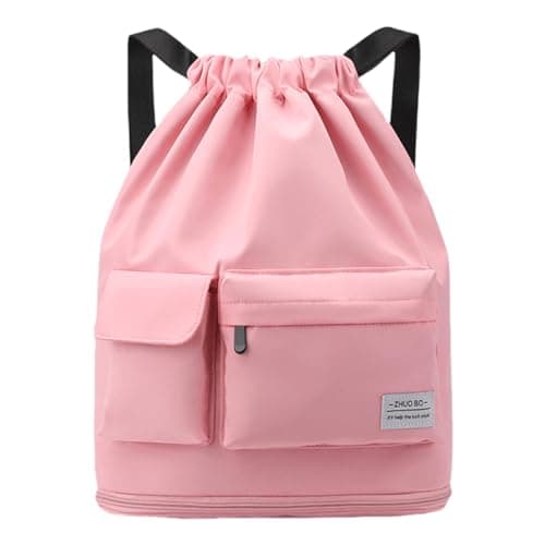 Image of FAVORTALK Draw String Bags Pack Waterproof Drawstring Gym Bag Swimming PE Sack for School Girls Boys Drawstring Bags with Zippered Bags for Shopping Yoga School Beach Football, Pink D37213
