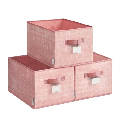Image of SONGMICS Collapsible Storage Boxes, Set of 3 Fabric Storage Baskets, 40 x 30 x 24 cm, Wardrobe Storage Organisers, 2 Handles, Label Holders, for Bedroom, Living Room, Jelly Pink ROB440R01