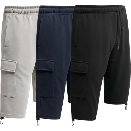 Image of WJL WHISPERING JONES LONDON Mens 3 Pack 3/4 Cargo Shorts Long Baggy Cotton Jersey Gym Fitness Workout Bottoms Multipocket Loungewear, Cargo Pack - Mix, L
