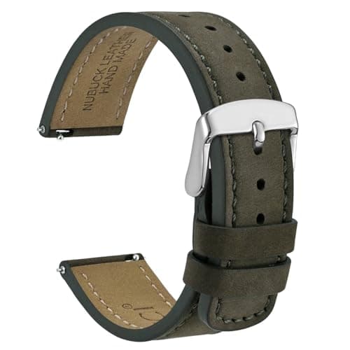 Image of WOCCI 20mm Retro Leather Watch Strap for Men and Women, Quick Release Replacement Band with Silver Buckle (Army Green)
