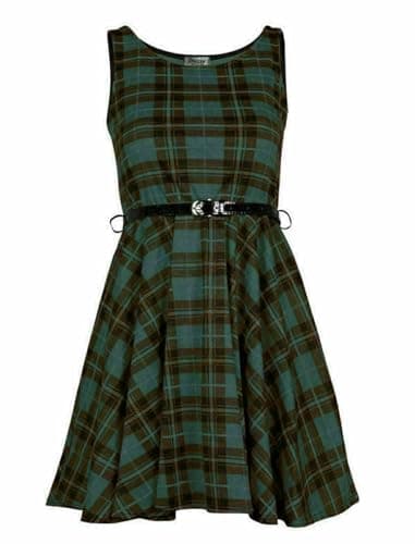 Image of Tease Womens Sleeveless Belted Tartan Check Print Skater Flared Dress size UK 8-26 (Green Tartan, 20)