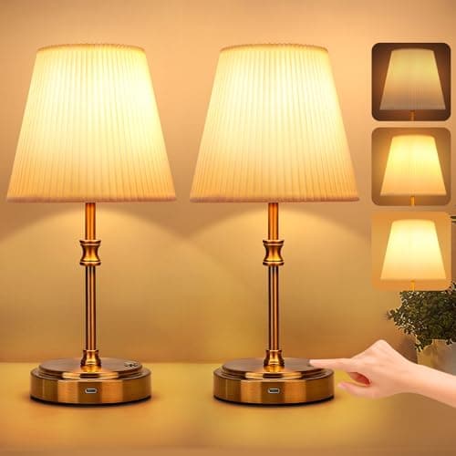 Image of Glowlit Cordless Table Lamps Set of 2, 6000 mAh Rechargeable Lamp with Touch Control & Fabric Shade, Gold Metal Base, 2700k Warm White Dimmable Battery Lamps for Home Bedroom Living Room