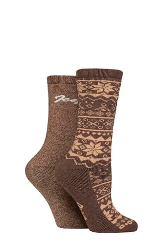 Image of Jeep Women’s 2 Pair Fair Isle Cotton Blend Boot Socks – Soft Breathable Crew Length Outdoor Walking Footwear, Warm Durable Everyday Wear for Boots and Hiking 4-8 Chocolate/Tan 4-8