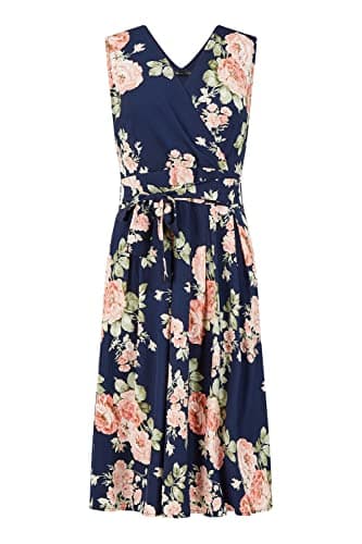 Image of Mela London Mela Navy Rose Printed Wrap Over Sleeveless Skater Dress 16 Navy