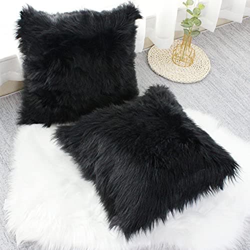 Image of OYIMUA Black 18 x 18 Inches Cushion Covers Pack of 2 Fluffy Soft Faux Fur Square Pillowcases, Luxury Home Decorative Super Soft Plush Pillow Covers Case 45cm x 45cm for Sofa Bed Living Room