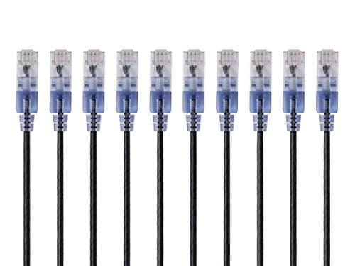 Image of Monoprice Cat6A Ethernet Patch Cable - Snagless RJ45, 550Mhz, 10G, UTP, Pure Bare Copper Wire, 30AWG, 10-Pack, 1 Feet, Black - SlimRun Series