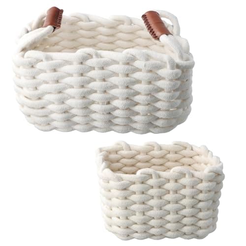 Image of Elegant Braided Storage Basket Set of 2 – Washable and Foldable Cotton Rope Organiser Baskets with Leather Handles for Accessories, Cosmetics, and Bathroom Storage