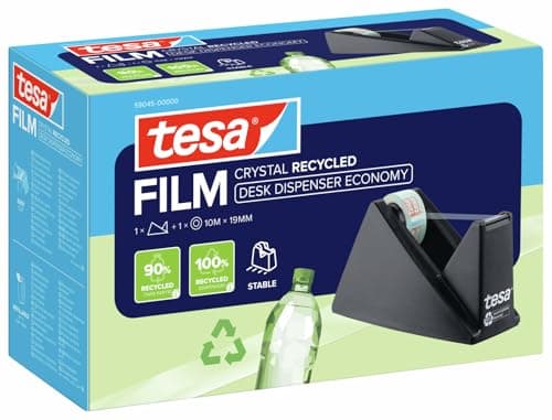 Image of tesa DESK DISPENSER ECONOMY RECYCLED - Housing 100% recycled plastic from production residues - Adhesive tape table dispenser with 1 roll of tesafilm CRYSTAL RECYCLED 10 m x 19 mm