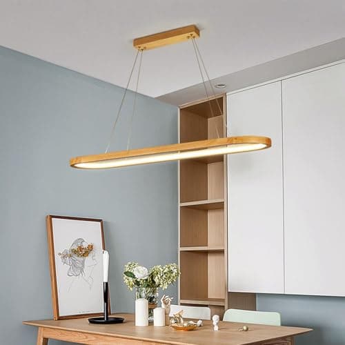 Image of Aleaty LED Wood Dimmable Pendant Lamp Modern Oval Chandelier Dining Table Office Dining Room Lamp Height Adjustable with Remote Control Hanging Lamp for Dining Room Bedroom Living Room (Wood, 90cm)