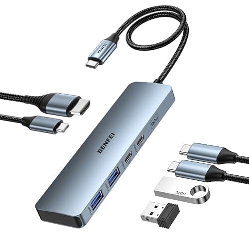 Image of BENFEI USB C HUB 6-in-1 with HDMI(4K@60Hz), 100W Power Delivery, 10Gbps 2*USB-A and 2*USB-C, Silicone Cable, Aluminum Case Compatible with iPhone 15 Pro/Max, MacBook, iPad Pro, iMac, S23, XPS17