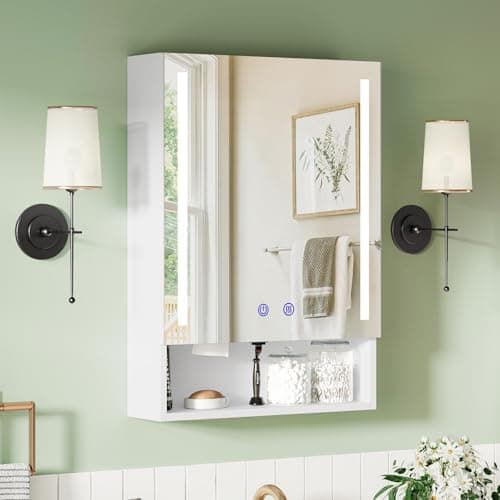 Image of BELIWIN Bathroom Mirror Cabinet 500 x 700 mm With LED Lights, Touch Control, 3 Colour Dimmable Illuminated Mirror, Wall Mounted Bathroom Storage with Demister Pad