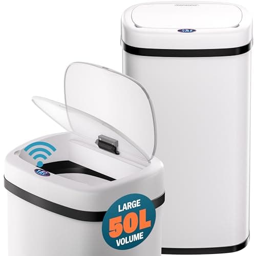 Image of Monzana® 50 Litre White Rectangular Stainless Steel Automatic Kitchen Bin with Sensor, Soft Close Lid for Kitchen, Bathroom, or as Nappy Bin, Recycling Dustbin and Waste Bins, Home and Kitchen