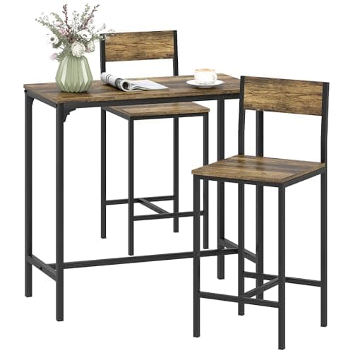 Image of HOMCOM 3-Piece Bar Table and Stools Set, Industrial Breakfast Bar Set with Footrest, Backrest, Metal Frame, Kitchen Table and 2 Chairs for Dining Room, Small Space, Rustic Brown