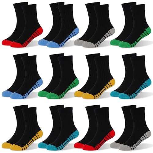 Image of Kids Sports Socks 12 Pairs, Boys Trainer Soft Breathable Black White Colorful Cotton Socks for 7-10 Years Toddler with School