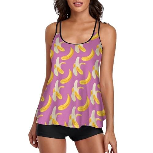 Image of peiyeety Bananas Pattern Swimsuits Tankini Set Woman Sexy Split Swimwear Suits Tummy Control Beach Bathing Suit Top Bottoms Pink