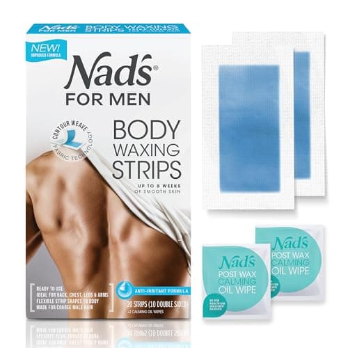 Image of Nad's For Men Ready to Use Body Wax Strips, Wax Strips Men, Mens Hair Removal, Includes 20 Waxing Strips & 2 Post Wax Calming Oil Wipes, 20 Count (Pack of 1)