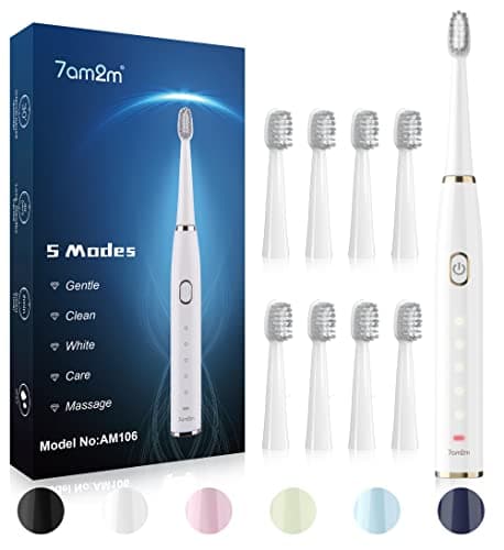 Image of 7AM2M Sonic Electric Toothbrush for Adults and Kids- High Power Rechargeable Toothbrushes with 8 Brush Heads,5 Adjustable Modes, Built-in 2-Minute Smart Timer,4 Hours Fast Charge for 75 Days(White)