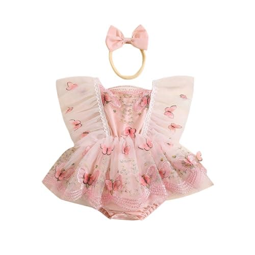 Image of Himllauen Infant Baby Girls Summer Romper Dress Sleeveless Round Neck Floral Embroidery Butterfly Tulle Jumpsuit + Bow Headband for Newborn Girls (Pink, 0-3 Months)