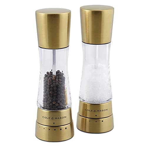 Image of Cole & Mason Derwent Matt Gold Salt and Pepper Mills, Adjustable Grind Settings, Gourmet Precision+, Stainless Steel/Acrylic, 190 mm, Gift Set, Includes 2 x Salt and Pepper Grinders