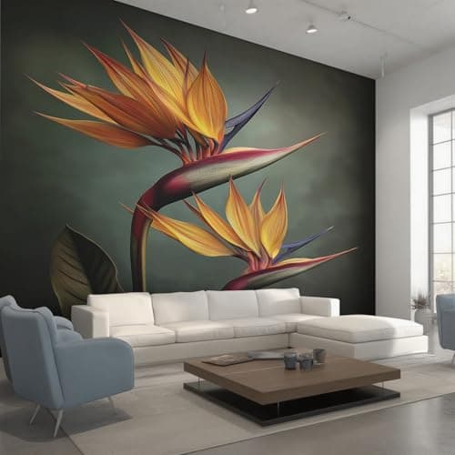 Image of Wall Mural Bird of Paradise Wallpaper - Tropical Botanical Floral Photo Wallpaper for Living Room Bedroom, Non-Woven Dark Gray Yellow Wall Paper Home Decor Art 150x105 cm w6g25