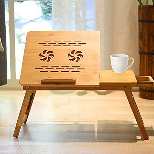 Image of Bamboo Laptop Bed Desk, Laptop Table for Bed, Laptop Stand with Adjustable Trays and Foldable Legs Portable Bed Tray Notebook Stand with Drawer for Bed Sofa Couch