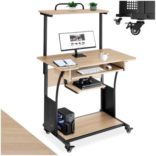 Image of tectake® Mobile Computer Desk with 4 Swivel Castors & 4 Tiers, Compact Home Office Desk with Sturdy Steel Frame & Wooden Finish, Ideal as Living Room & Study Table, 80 x 65.5 x 130.5 cm - Light Wood