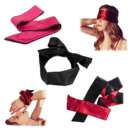 Image of AWAVM Blindfold,3 Pcs Silk Satin Blindfold,Eye mask for Sleeping Games Satin Silk Eye Covers Satin Sleep Mask Valentine Gift 145cm(Black Red Rose Red)
